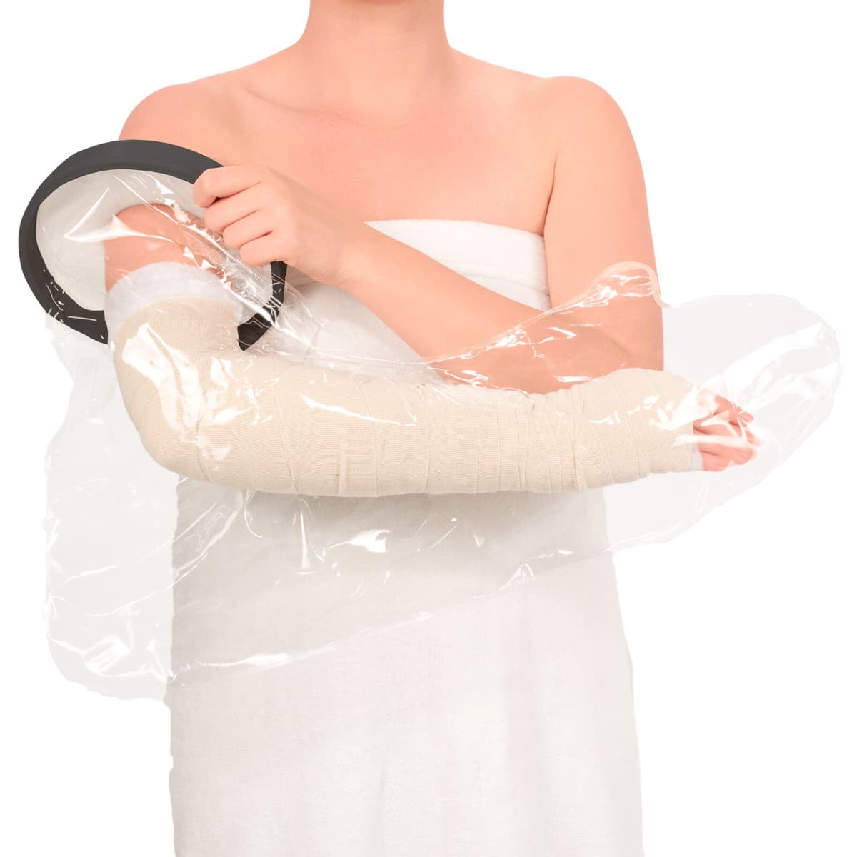 Douchehoes hele arm volwassene vast drukken op arm