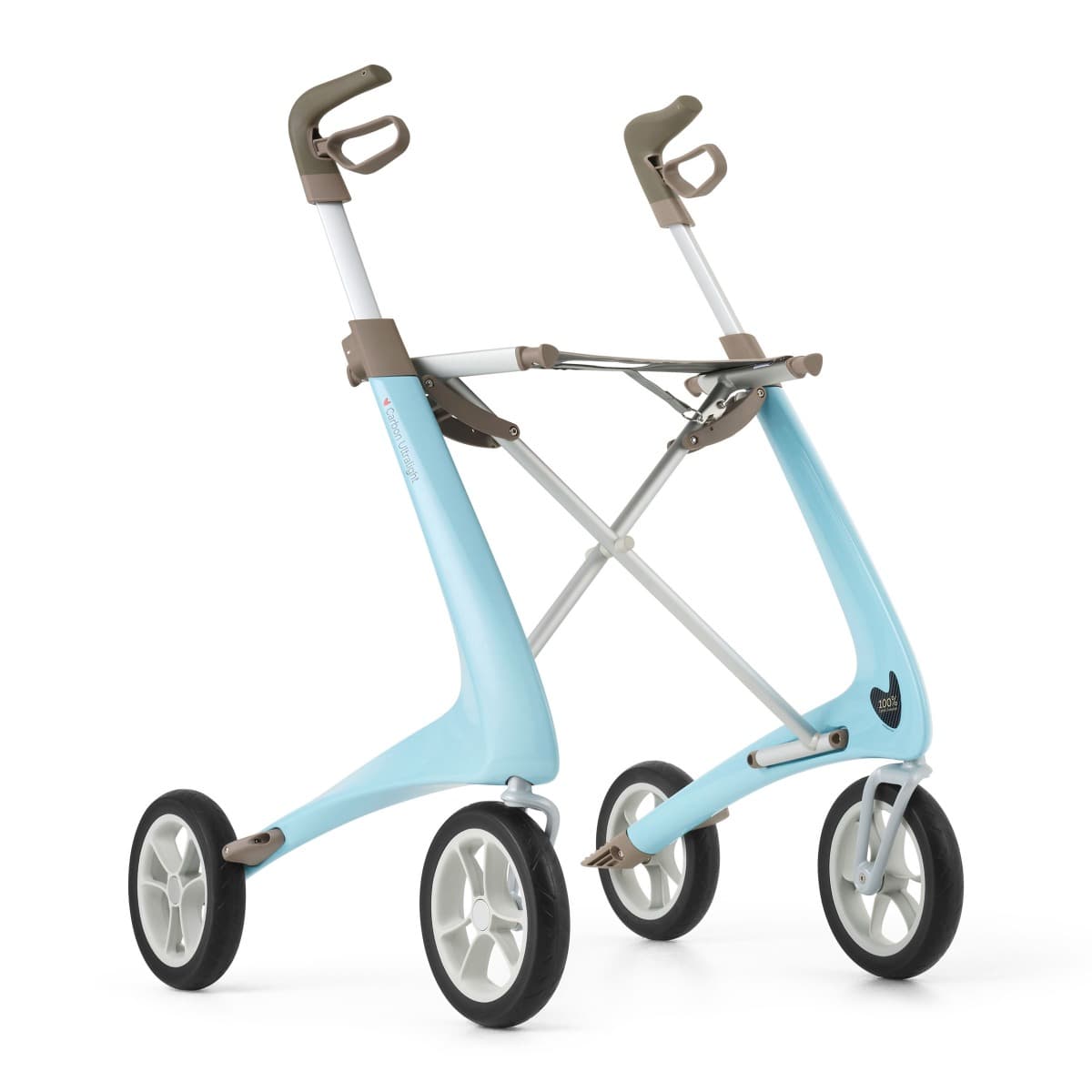 byACRE rode carbon lichtgewicht rollator met omgekeerde handvatten en weekendtas lichtblauw