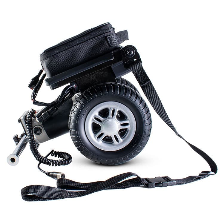 Excel Click & Go Lite II elektrische duwondersteuning rolstoel detail zijaanzicht aansluiting en bevestiging door middel van band