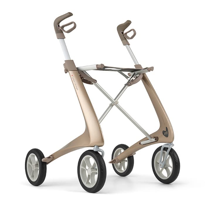 byACRE rode carbon lichtgewicht rollator met omgekeerde handvatten en weekendtas champagne