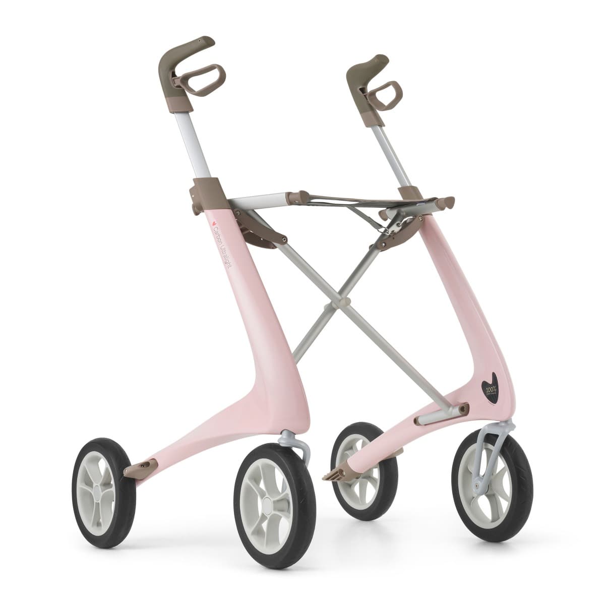 byACRE rode carbon lichtgewicht rollator met omgekeerde handvatten en weekendtas roze