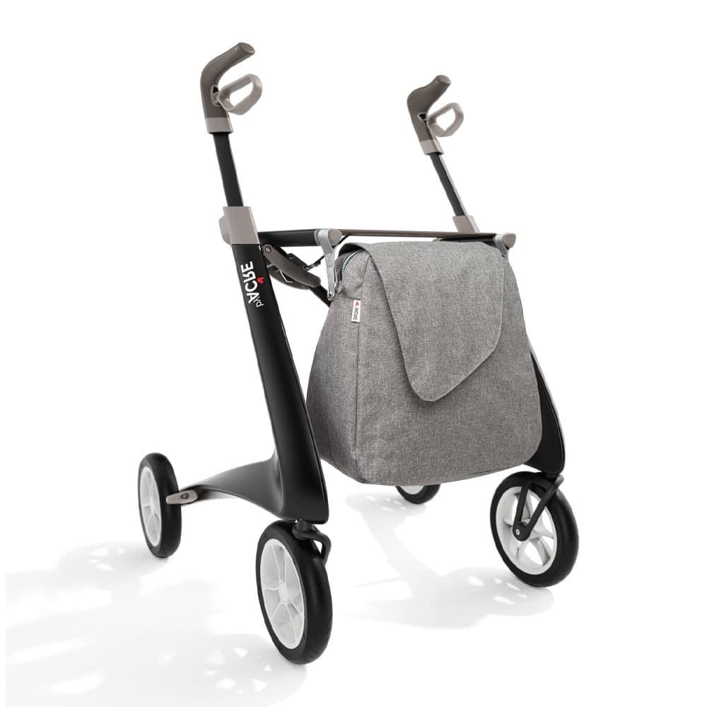 byACRE rode carbon lichtgewicht rollator met omgekeerde handvatten en weekendtas zwart