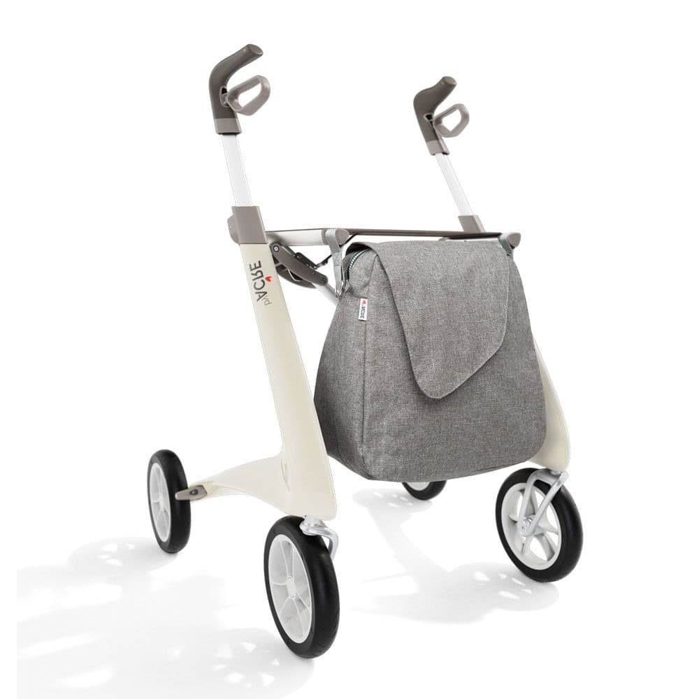 byACRE rode carbon lichtgewicht rollator met omgekeerde handvatten en weekendtas ivoor