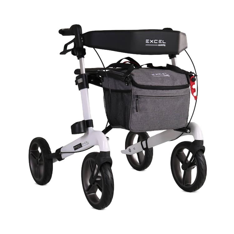 Excel Esprit carbon lichtgewicht rollator opvouwbaar luxe uitstraling wit met afsluitbare tas met rits en stokhouder
