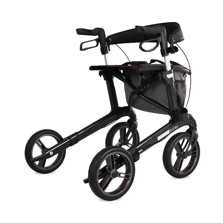 Excel Esprit carbon lichtgewicht rollator opvouwbaar luxe uitstraling zwart met afsluitbare tas met rits en stokhouder schuinachteraanzicht