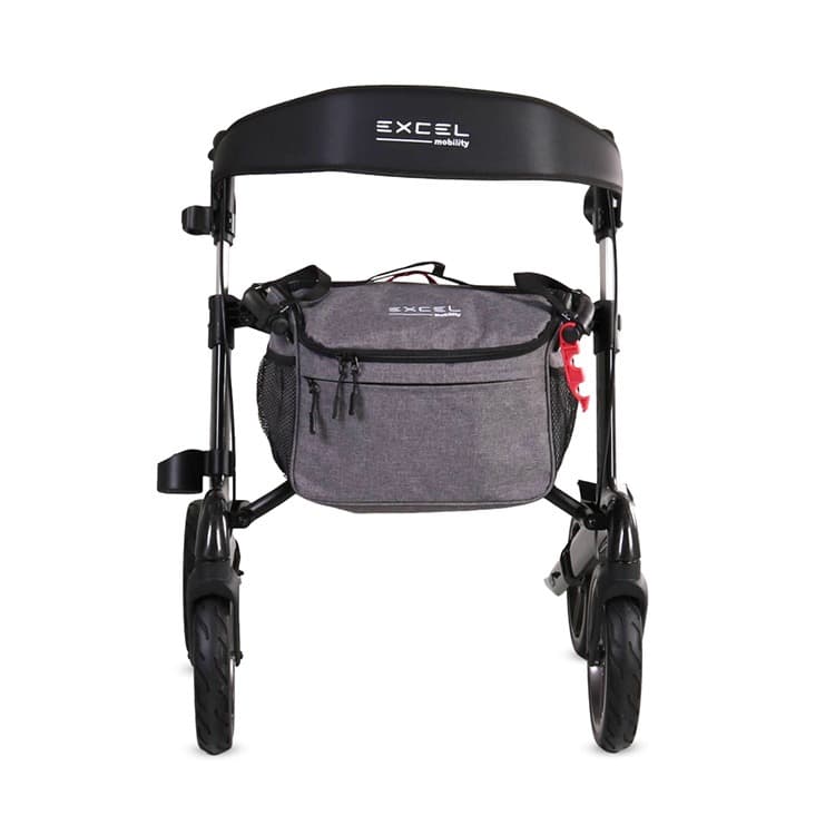 Excel Esprit carbon lichtgewicht rollator opvouwbaar luxe uitstraling zwart met afsluitbare tas met rits en stokhouder vooraanzicht