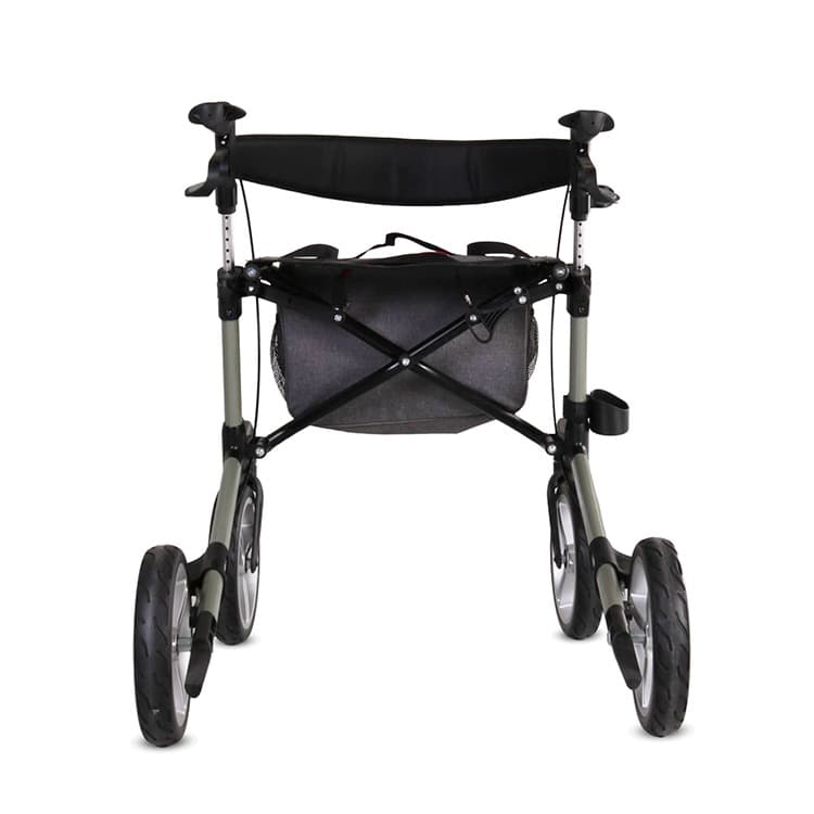Excel Esprit S4 rollator opvouwbaar luxe uitstraling groen met afsluitbare tas met rits en stokhouder achteraanzicht