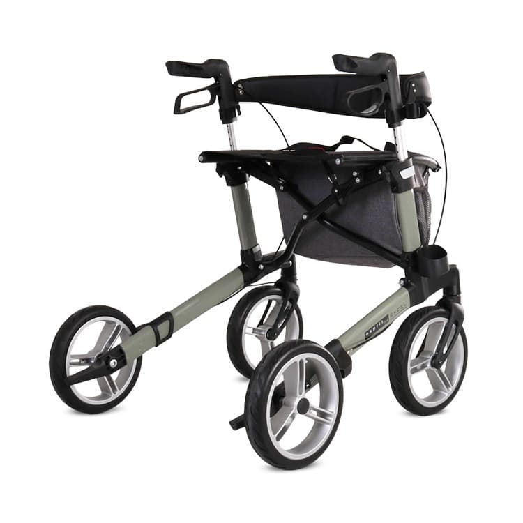 Excel Esprit S4 rollator opvouwbaar luxe uitstraling groen met afsluitbare tas met rits en stokhouder achteraanzicht enkel kruisframe