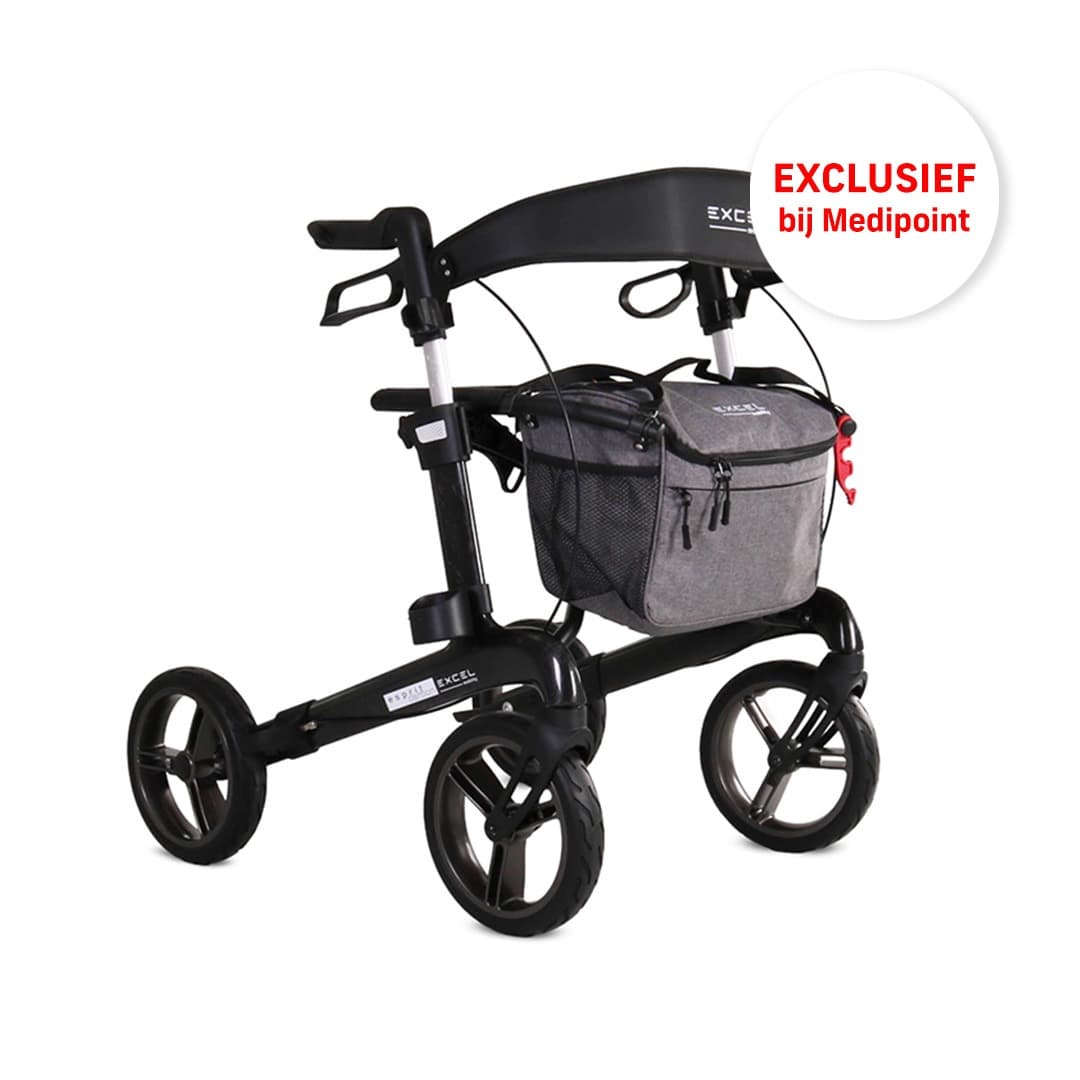 Excel Esprit carbon lichtgewicht rollator opvouwbaar luxe uitstraling zwart met afsluitbare tas met rits en stokhouder
