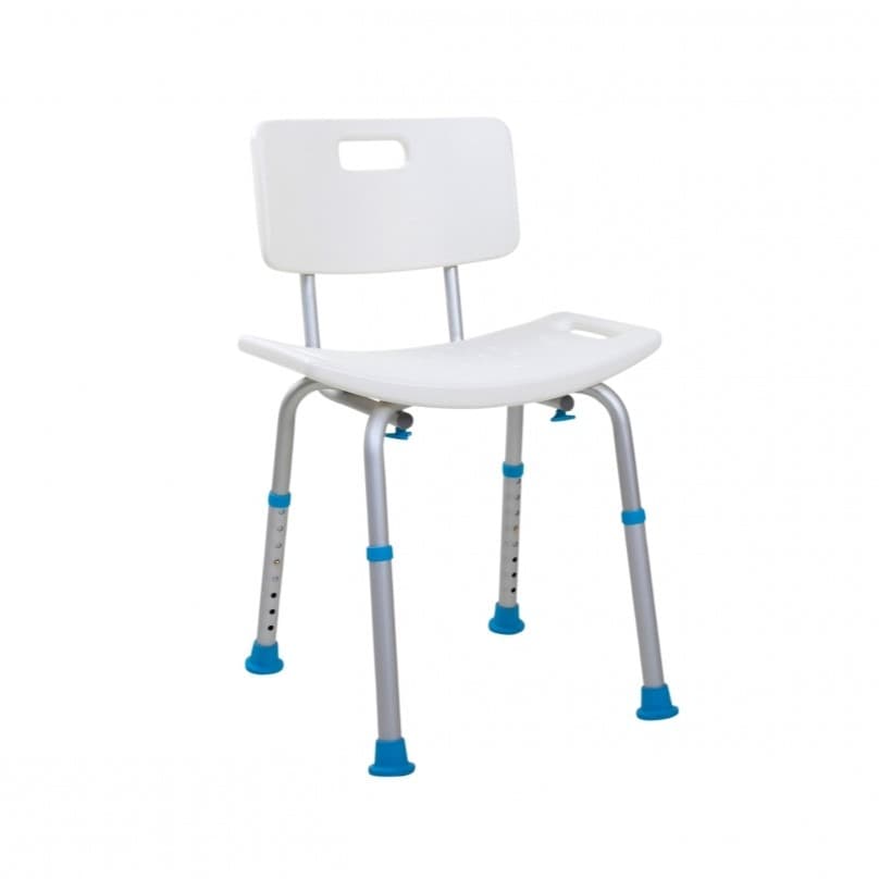 Witte douchekruk met uitsparing, handvatten in de zitting en gaten voor afvoer van water
