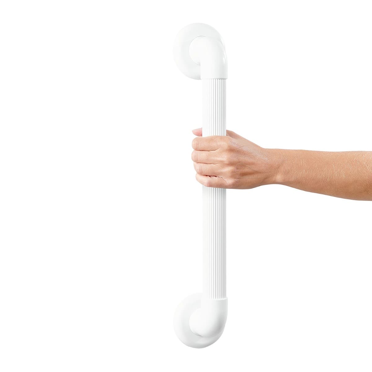 Basic wandbeugel 45 cm wit met ribbels op het handvat en afwerkingsdoppen bij de schroeven