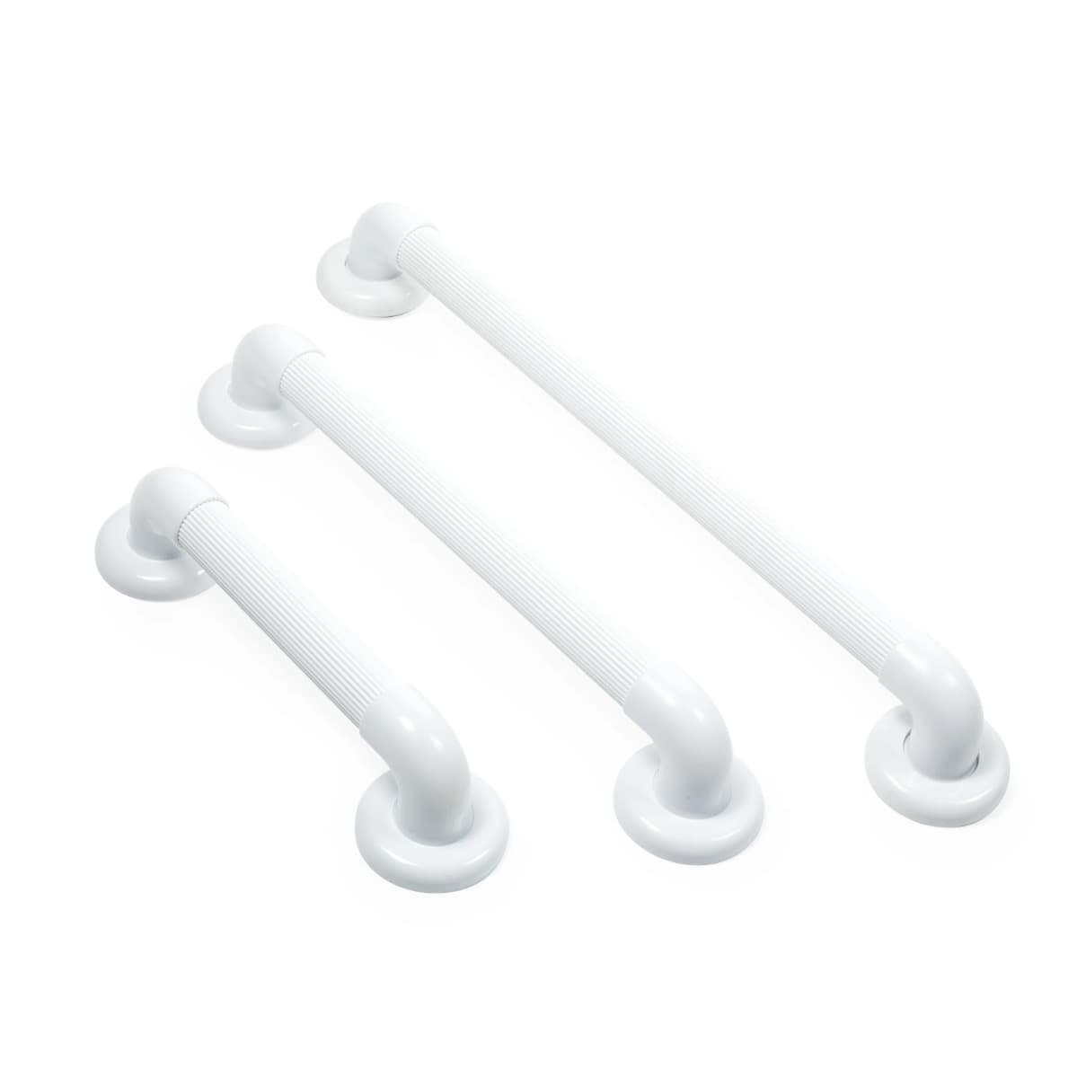 Basic wandbeugel 30, 45 en 60 cm wit met ribbels op het handvat en afwerkingsdoppen bij de schroeven