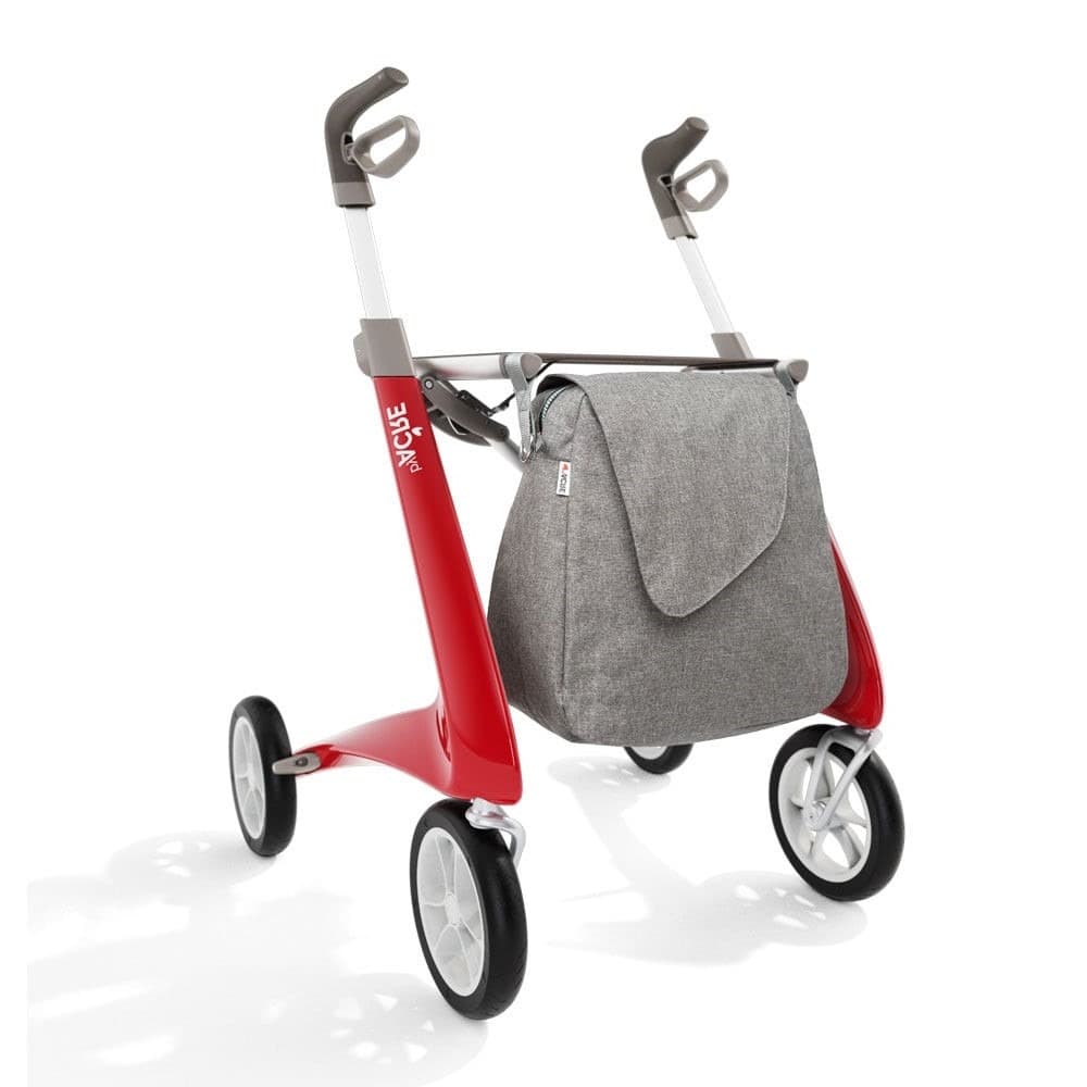 byACRE rode carbon lichtgewicht rollator met omgekeerde handvatten en weekendtas rood