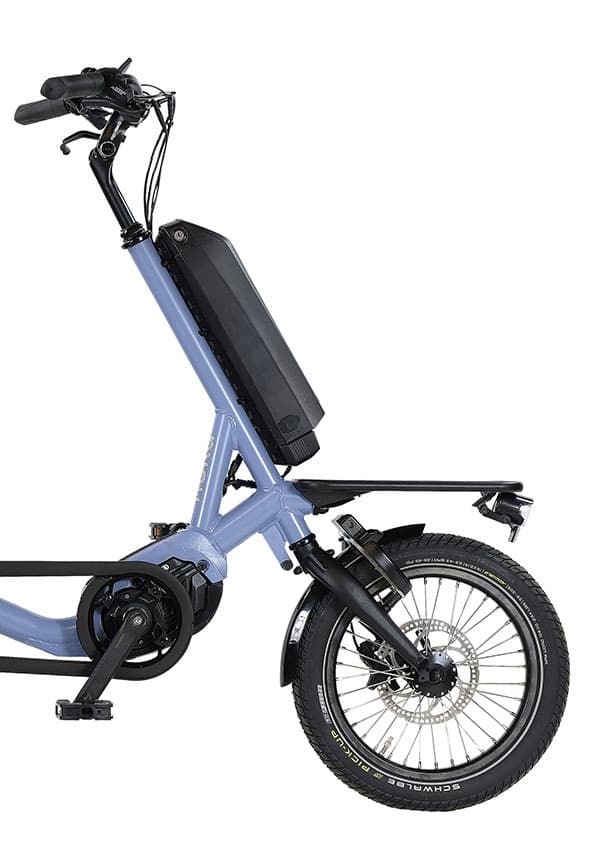 Huka Cortes XS driewielfiets voor klein volwassenen of kinderen blauw detail voorwiel