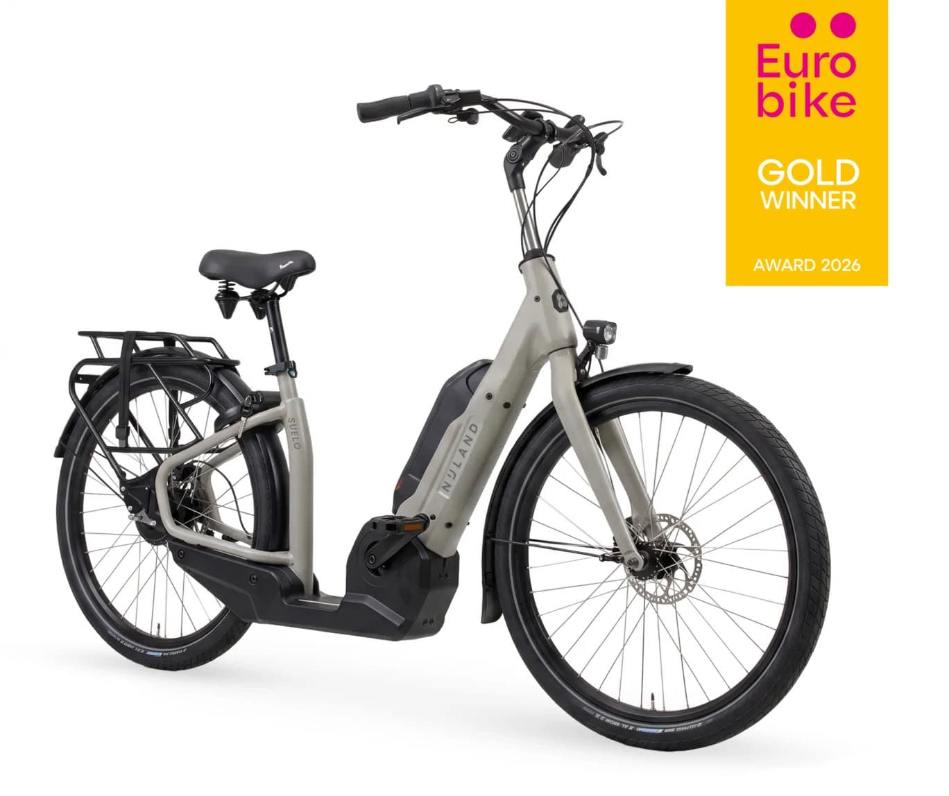 Nijland Suelo lage instap fiets beige met zwart twee wielen winnaar van de euro bike award 2026