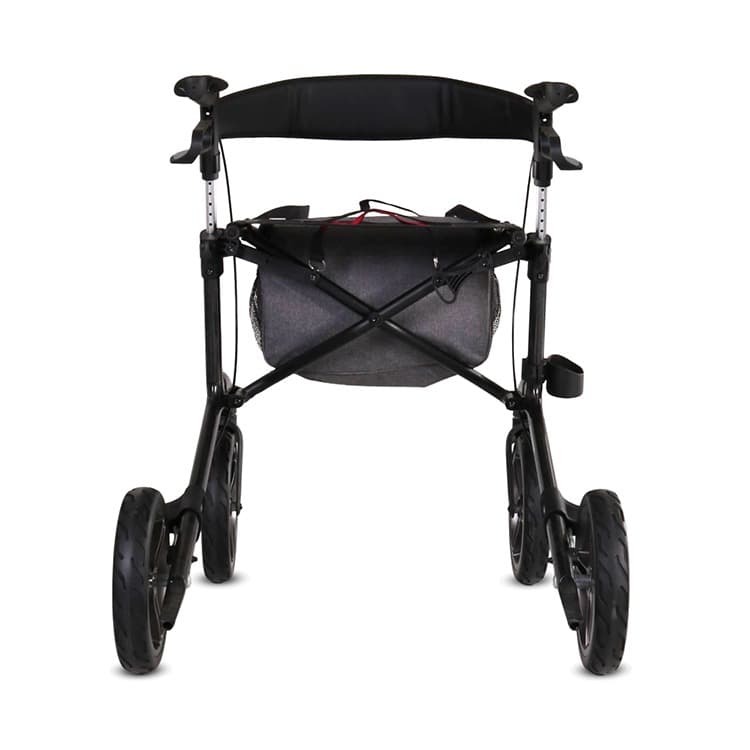 Excel Esprit carbon lichtgewicht rollator opvouwbaar luxe uitstraling zwart met afsluitbare tas met rits en stokhouder achteraanzicht