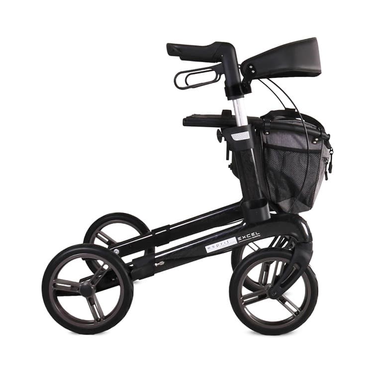 Excel Esprit carbon lichtgewicht rollator opvouwbaar luxe uitstraling zwart met afsluitbare tas met rits en stokhouder zijaanzicht