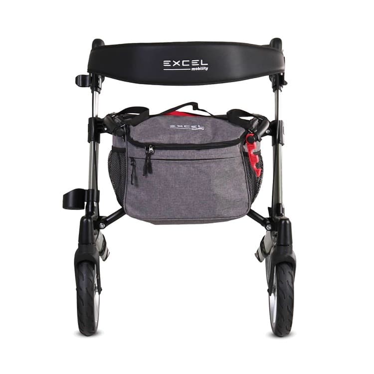 Excel Esprit S4 rollator opvouwbaar luxe uitstraling groen met afsluitbare tas met rits en stokhouder vooraanzicht