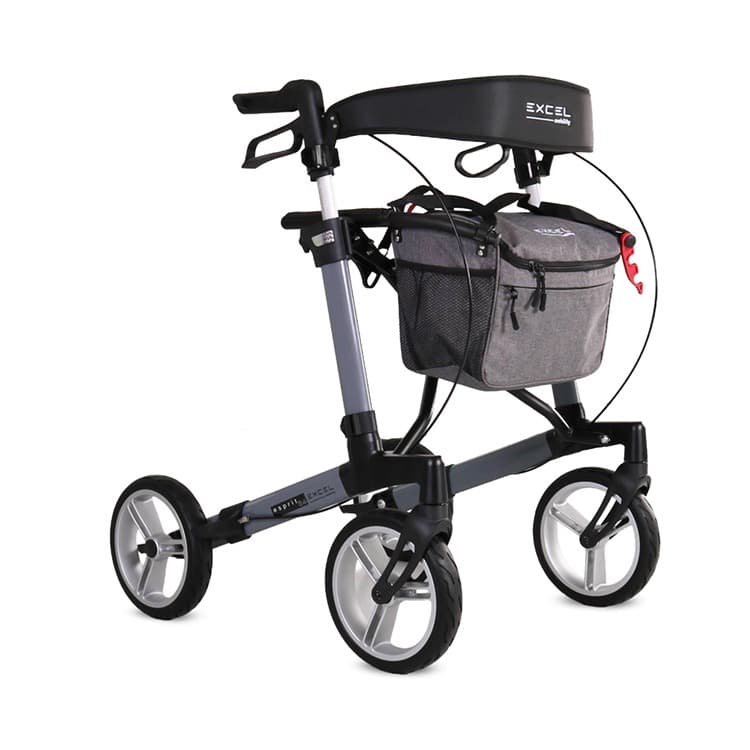 Excel Esprit S4 rollator opvouwbaar luxe uitstraling grijs met afsluitbare tas met rits en stokhouder