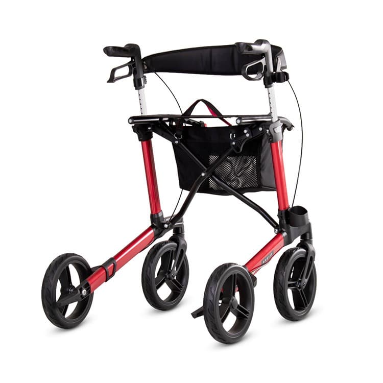 Excel Esprit rollator opvouwbaar met stokhouder rood exclusief bij Medipoint achteraanzicht enkel kruisframe