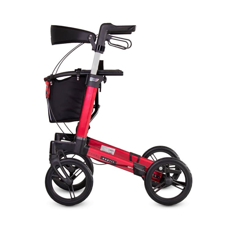 Excel Esprit rollator opvouwbaar met stokhouder rood exclusief bij Medipoint zijaanzicht lichtgewicht rollator