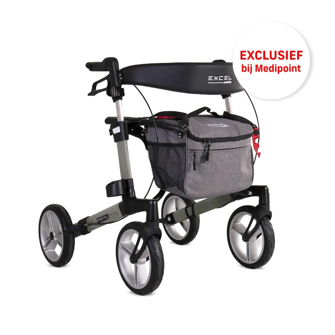 Excel Esprit S4 rollator opvouwbaar luxe uitstraling groen met afsluitbare tas met rits en stokhouder