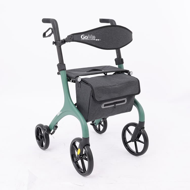 GoMe One rollator lichtgewicht groen met tas en rugband schuinvoor