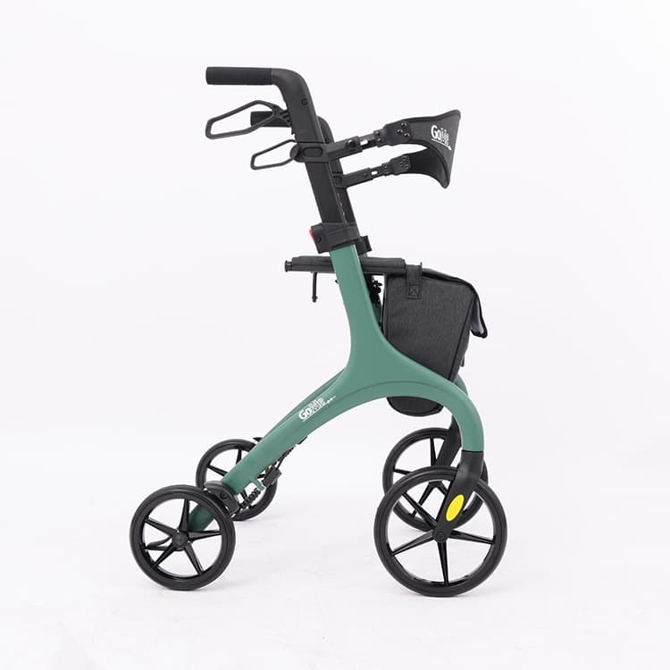 GoMe One rollator lichtgewicht groen met tas en rugband zijaanzicht