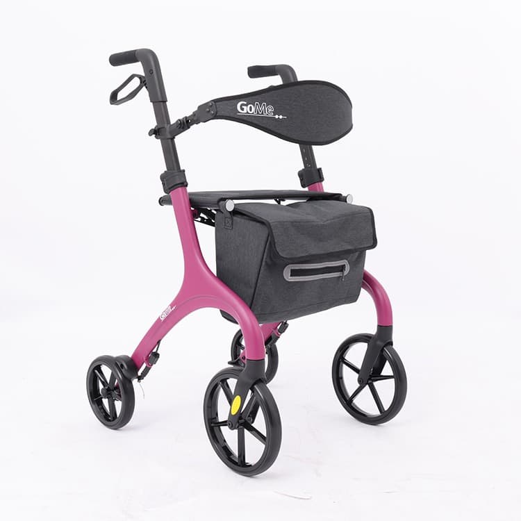 GoMe One rollator lichtgewicht fuchsia met tas en rugband