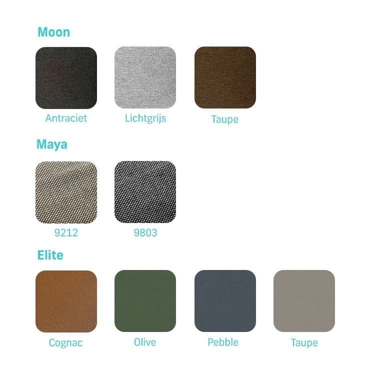 Stoffering Timeless bed moon stof antraciet, lichtgrijs of taupe, maya stof beige of antraciet, elite leer cognac, olijf, blauw of taupe.