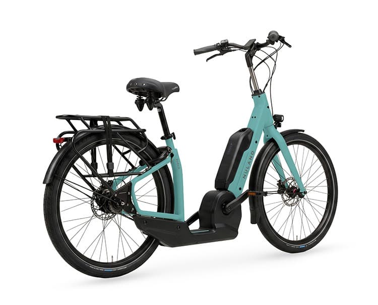 Nijland Suelo lage instap fiets turquoise met zwart twee wielen schuinachter