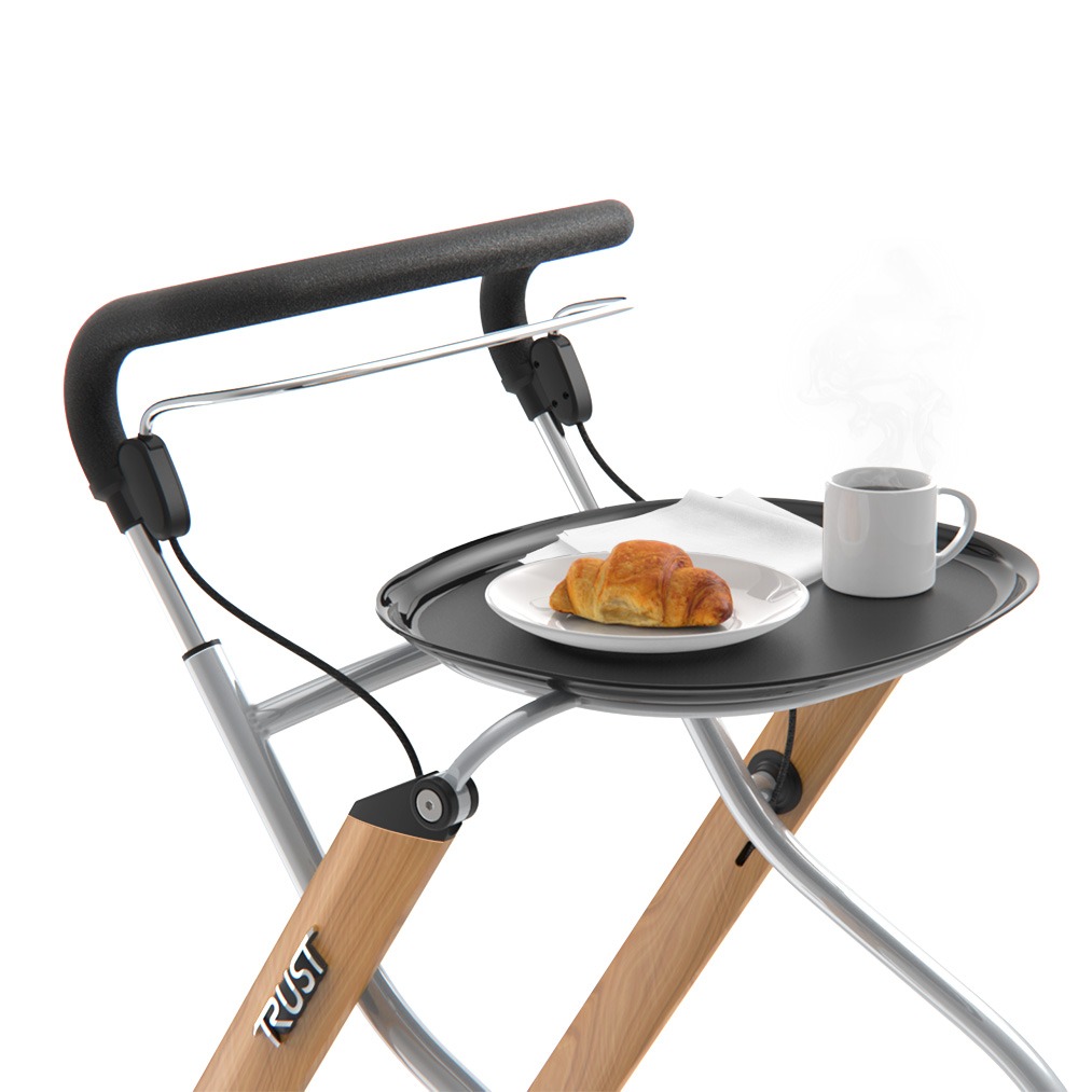 Trust lets go indoor binnenrollator met dienblad en netje onder het dienblad zilveren stangen, duwbeugel en beuken frame eten en drinken mee op dienblad