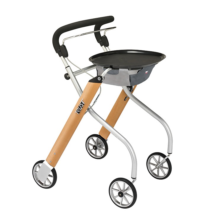 Trust lets go indoor binnenrollator met dienblad en netje onder het dienblad zilveren stangen, duwbeugel en beuken frame