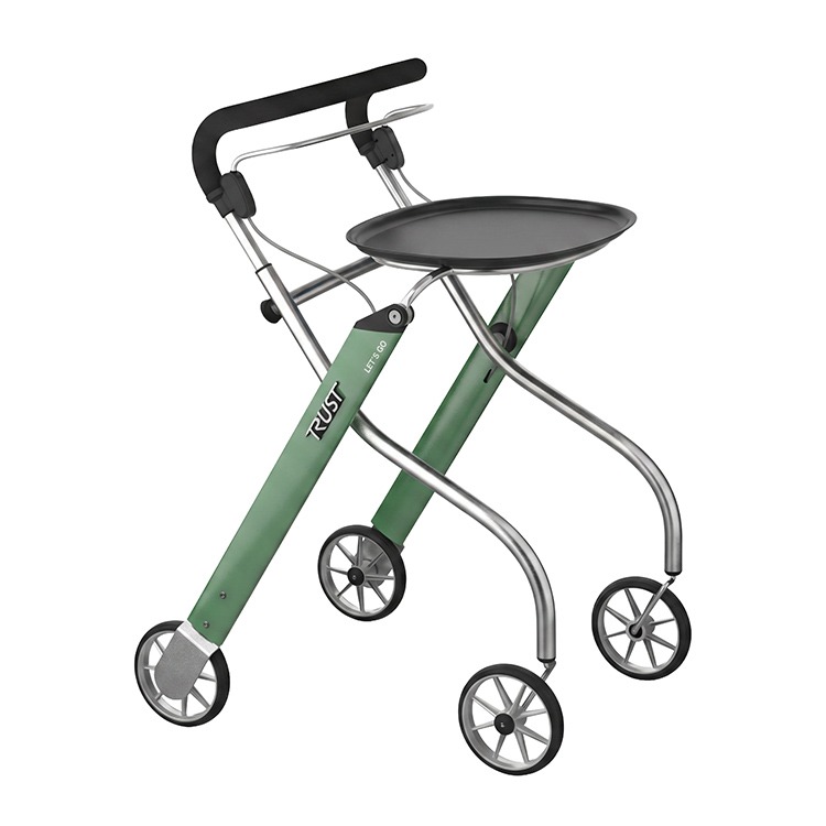 Trust lets go indoor binnenrollator met dienblad en netje onder het dienblad zilveren stangen, duwbeugel en groen frame