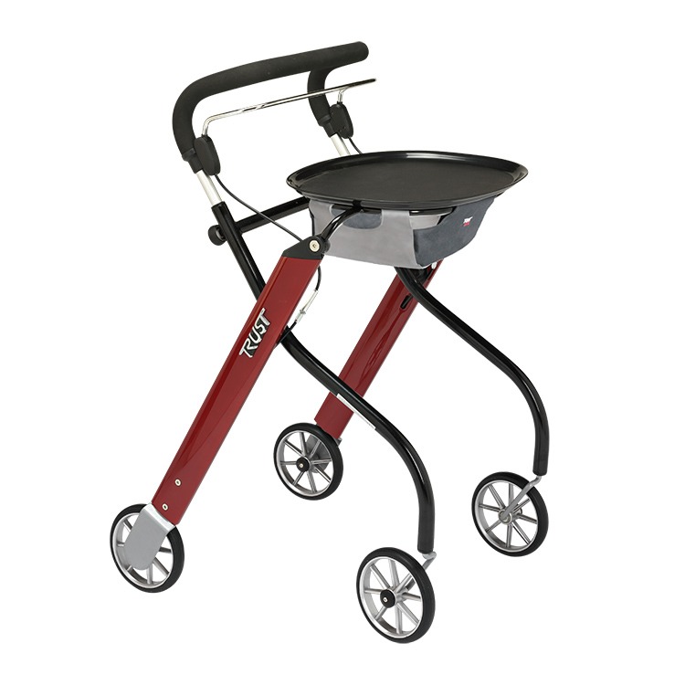 Trust lets go indoor binnenrollator met dienblad en netje onder het dienblad zwarte stangen, duwbeugel en rood frame