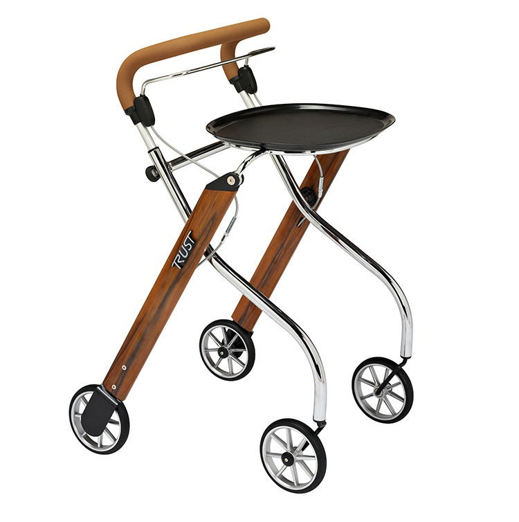 Trust lets go indoor binnenrollator met dienblad en netje onder het dienblad zilveren stangen, duwbeugel en teak frame
